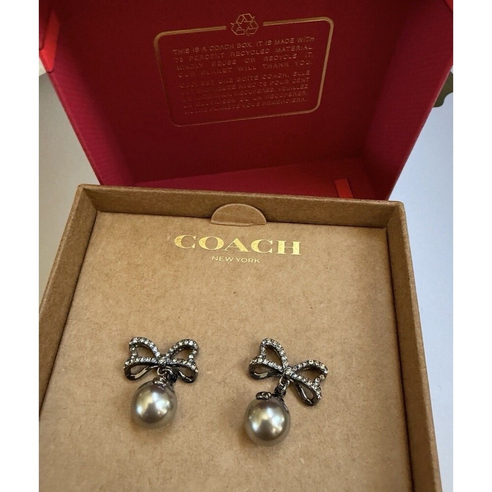 COACH Silver Crystal Gray Pearl & Bow Drop Post Earrings New In Coach Gift Box